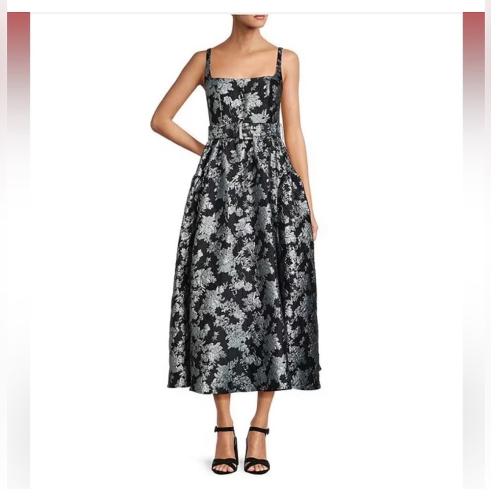 NWT Antonio Melanie Morgan Sleeveless Square Neck Jacquard A-Line Midi Dress 0